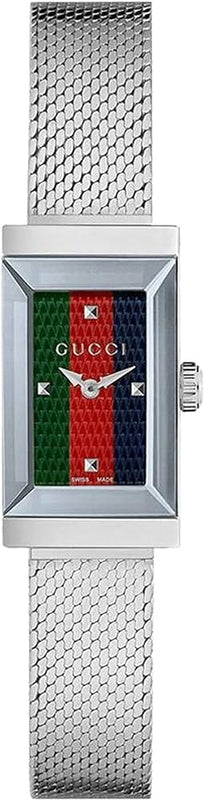 Gucci G Frame Quartz Diamonds Green & Red Mother of Pearl Dial Silver Mesh Bracelet Watch For Women - YA147510 Authentic Buy Shop Now