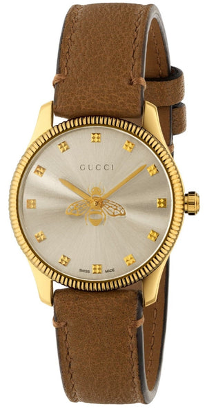 Gucci G Timeless Quartz Silver Dial Brown Leather Strap Watch For Women - YA1265022 Authentic Buy Shop Now