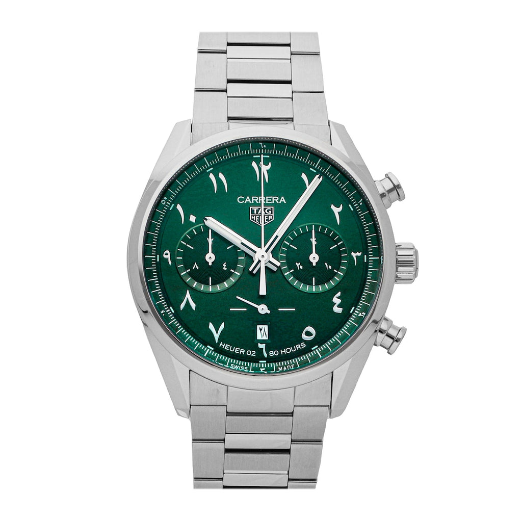 Tag Heuer Carrera Automatic Chronograph Limited Edition Green Dial Silver Steel Strap Watch for Men - CBN2014.EB0240 Authentic Buy Shop Now