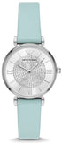Emporio Armani Gianni T Bar Analog Crystals Silver Dial Blue Leather Strap Watch For Women - AR11443 Authentic Buy Shop Now