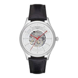 Emporio Armani Meccanico Silver Skeleton Dial Black Leather Watch For Men - AR1997 Authentic Buy Shop Now