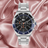 Lacoste Tiebreaker Chronograph Black Dial Silver Steel Strap Watch for Men - 2011155 Authentic Buy Shop Now
