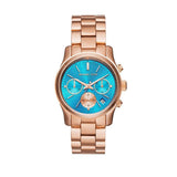 Michael Kors Runway Chronograph Turquoise Dial Rose Gold Steel Strap Watch For Women - MK6164 Authentic Buy Shop Now