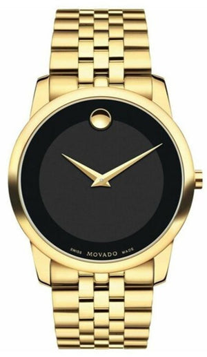 Movado Museum Black Dial Gold Steel Strap Watch For Men - 606997 Authentic Buy Shop Now
