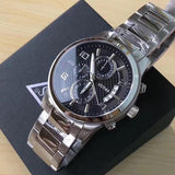Guess Exec Chronograph Quartz Black Dial Silver Steel Strap Watch For Men - W0075G1 Authentic Buy Shop Now