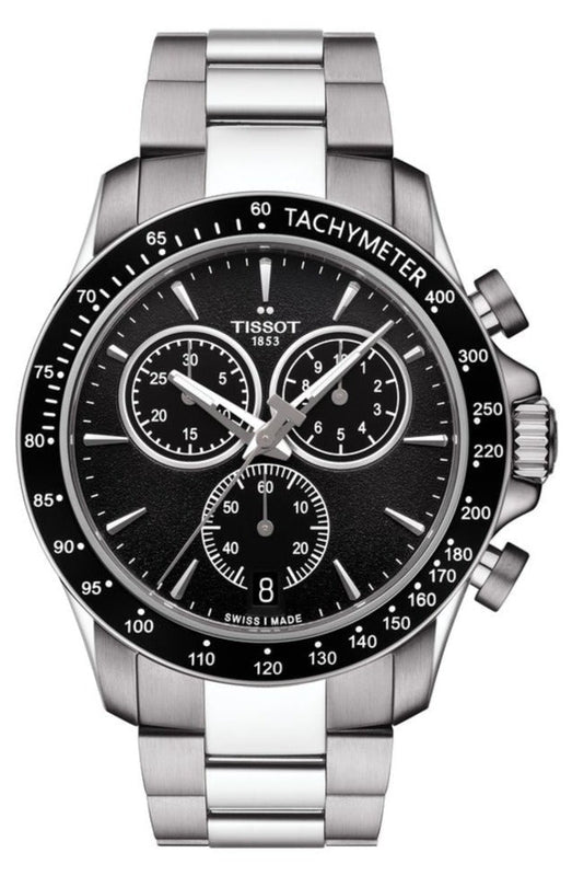 Tissot V8 Quartz Chronograph Black Dial Silver Steel Strap Watch For Men - T106.417.11.051.00 Authentic Buy Shop Now