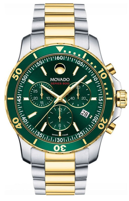 Movado Series 800 Chronograph Green Dial Two Tone Steel Strap Watch For Men - 2600148 Authentic Buy Shop Now
