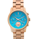 Michael Kors Runway Chronograph Turquoise Dial Rose Gold Steel Strap Watch For Women - MK6164 Authentic Buy Shop Now