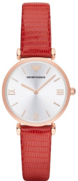 Emporio Armani Gianni T Bar Silver Dial Red Leather Strap Watch For Women - AR1876 Authentic Buy Shop Now