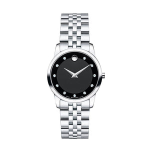 Movado Museum Classic Black Dial Silver Steel Strap Watch For Women - 0606858 Authentic Buy Shop Now