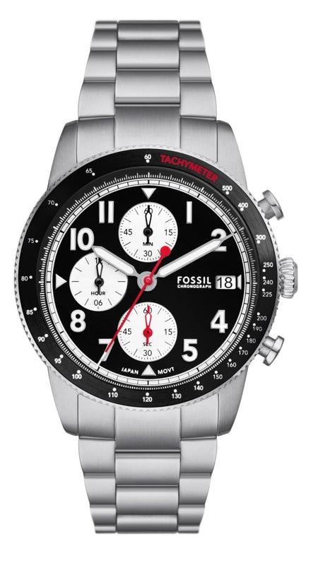 Fossil Sport Tourer Chronograph Black Dial Silver Steel Strap Watch for Men - FS6045 Authentic Buy Shop Now