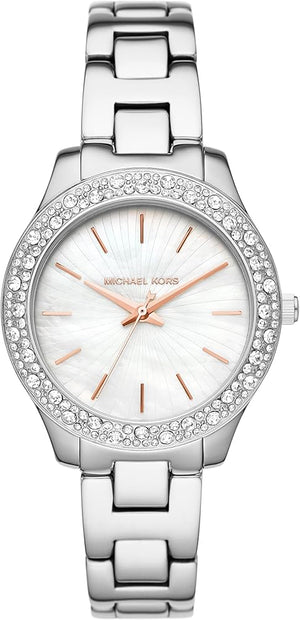 Michael Kors Liliane Three Hand Mother of Pearl White Dial Silver Steel Strap Watch For Women - MK4556 Authentic Buy Shop Now