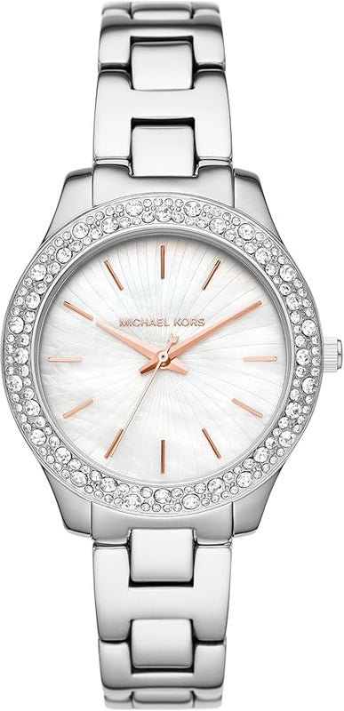 Michael Kors Liliane Three Hand Mother of Pearl White Dial Silver Steel Strap Watch For Women - MK4556 Authentic Buy Shop Now