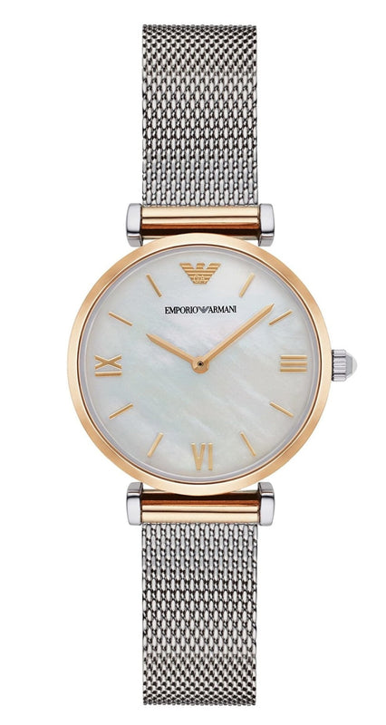 Emporio Armani Gianni T Bar Mother of Pearl Dial Silver Mesh Bracelet Watch For Women - AR2068 Authentic Buy Shop Now