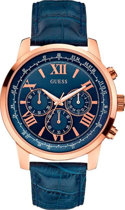 Guess Horizon Chronograph Blue Dial Blue Leather Strap Watch For Men - W0380G5 Authentic Buy Shop Now