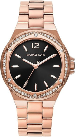 Michael Kors Lennox Three-Hand Black Dial Rose Gold Steel Strap Watch For Women - MK7233 Authentic Buy Shop Now
