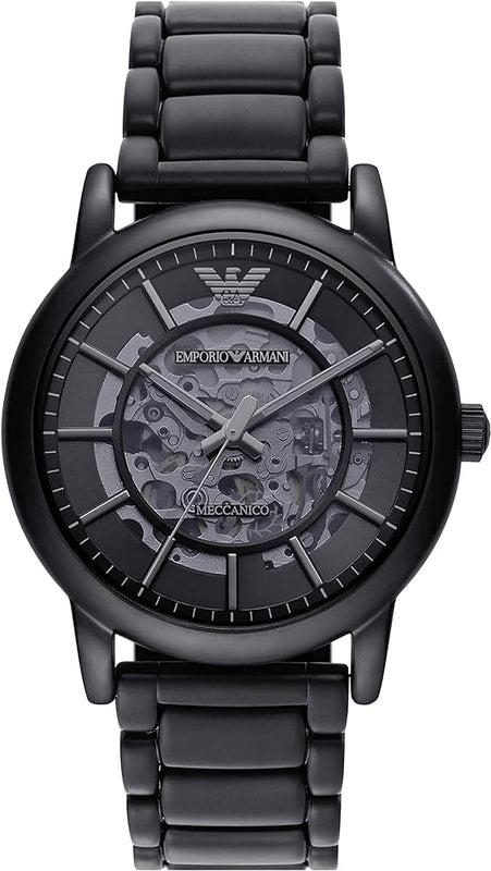 Emporio Armani Meccanico Skeleton Black Dial Black Steel Strap Watch For Men - AR60045 Authentic Buy Shop Now