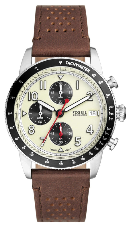 Fossil Sport Tourer Chronograph White Dial Brown Leather Strap Watch for Men - FS6042 Authentic Buy Shop Now