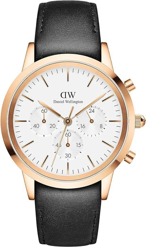 Daniel Wellington Iconic Chronograph Sheffield White Dial Black Leather Strap Watch For Men - DW00100646 Authentic Buy Shop Now