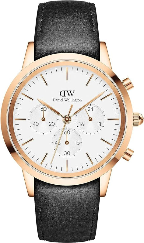 Daniel Wellington Iconic Chronograph Sheffield White Dial Black Leather Strap Watch For Men - DW00100646 Authentic Buy Shop Now