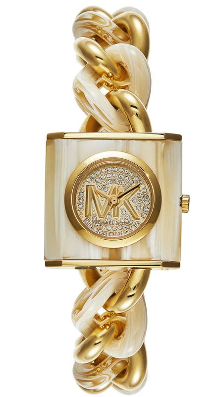 Michael Kors Chain Lock Analog Crystals Silver Dial Gold Steel Strap Watch for Women - MK4809 Authentic Buy Shop Now