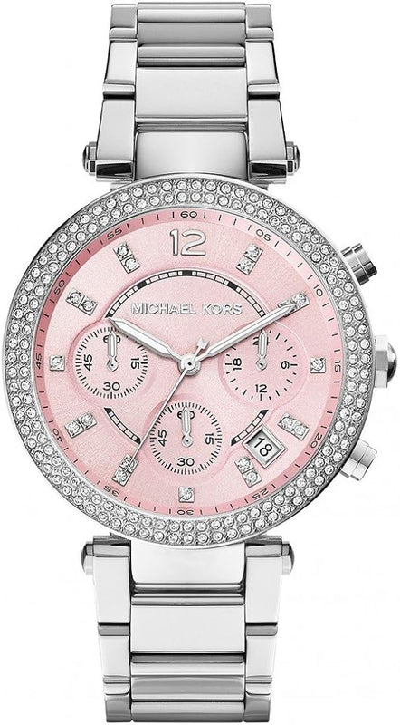 Michael Kors Parker Chronograph Pink Dial Silver Steel Strap Watch For Women - MK6105 Authentic Buy Shop Now