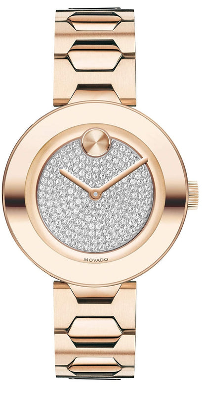 Movado Bold Crystal Pave Rose Gold Dial Rose Gold Steel Strap Watch For Women - 3600493 Authentic Buy Shop Now