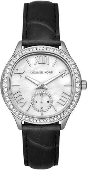 Michael Kors Sage Three-Hand Mother of Pearl White Dial Black Leather Strap Watch for Women - MK4821 Authentic Buy Shop Now