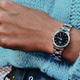 Daniel Wellington Iconic Link Black Dial Silver Steel Strap Watch For Women - DW00100208 Authentic Buy Shop Now
