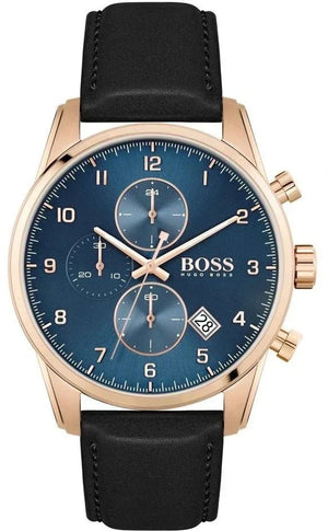 Hugo Boss Skymaster Chronograph Blue Dial Black Leather Strap Watch for Men - 1513783 Authentic Buy Shop Now