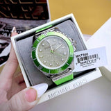 Michael Kors Everest Three Hand Crystals Silver Dial Green Silicone Strap Watch For Women - MK7360 Authentic Buy Shop Now