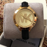 Michael Kors Slim Runway Quartz Gold Dial Black Leather Strap Watch For Women - MK2392 Authentic Buy Shop Now
