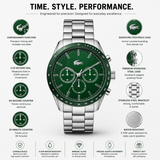 Lacoste Boston Chronograph Green Dial Silver Steel Strap Watch for Men - 2011080 Authentic Buy Shop Now