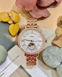 Fossil Jacqueline Analog Moonphase Mother of Pearl White Dial Rose Gold Steel Strap Watch for Women - ES5165 Authentic Buy Shop Now