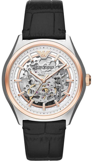 Emporio Armani Zeta Skeleton Automatic Silver Dial Black Leather Strap Watch For Men - AR60018 Authentic Buy Shop Now