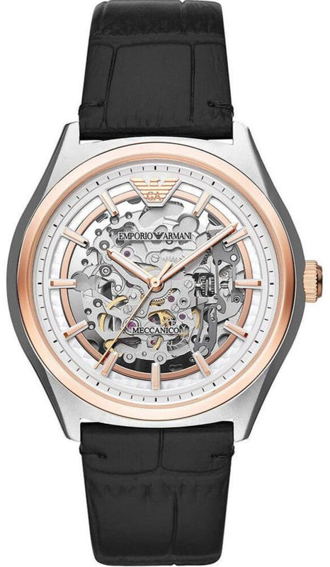 Emporio Armani Zeta Skeleton Automatic Silver Dial Black Leather Strap Watch For Men - AR60018 Authentic Buy Shop Now