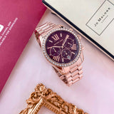 Michael Kors Lexington Chronograph Red Dial Rose Gold Steel Strap Watch For Women - MK7275 Authentic Buy Shop Now