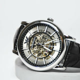 Emporio Armani Luigi Silver Skeleton Dial Black Leather Strap Watch For Men - AR1981 Authentic Buy Shop Now