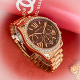 Michael Kors Lexington Chronograph Red Dial Rose Gold Steel Strap Watch For Women - MK7275 Authentic Buy Shop Now