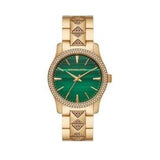 Michael Kors Runway Three Hand Green Dial Gold Steel Strap Watch For Women - MK7390 Authentic Buy Shop Now