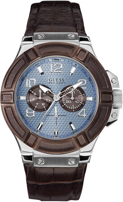 Guess Rigor Analogue Quartz Blue Dial Brown Leather Strap Watch For Men - W0040G10 Authentic Buy Shop Now