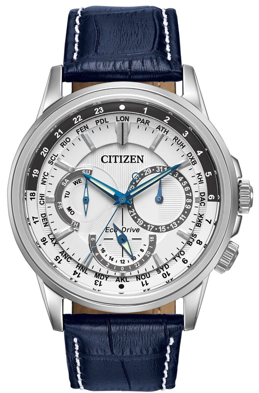 Citizen Eco Drive Calendrier White Dial Blue Leather Strap Watch For Men - BU2020-11A Authentic Buy Shop Now