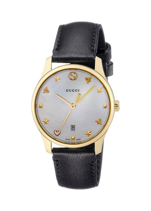 Gucci G-Timeless Mother of Pearl Dial Black Leather Strap Watch For Women - YA126589 Authentic Buy Shop Now
