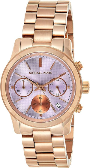 Michael Kors Runway Chronograph Purple Dial Rose Gold Steel Strap Watch For Women - MK6163 Authentic Buy Shop Now