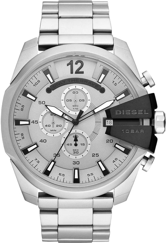 Diesel Mega Chief Chronograph Silver Dial Silver Steel Strap Watch For Men - DZ4501 Authentic Buy Shop Now