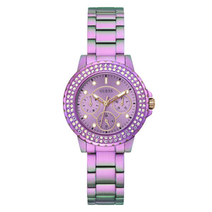 Guess Crown Jewel Diamonds Purple Dial Purple Steel Strap Watch for Women - GW0410L4