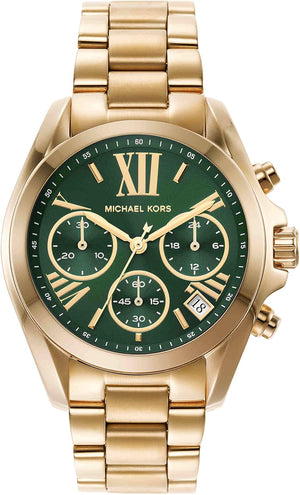 Michael Kors Bradshaw Chronograph Green Dial Gold Steel Strap Watch For Women - MK7257 Authentic Buy Shop Now
