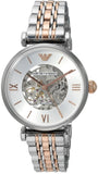Emporio Armani Gianni T Bar Silver Skeleton Dial Two Tone Strap Watch For Women - AR1992 Authentic Buy Shop Now