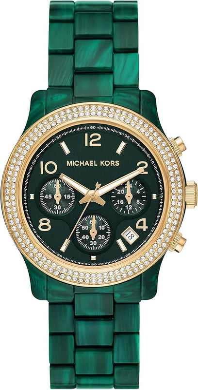 Michael Kors Runway Chronograph Green Dial Green Steel Strap Watch for Women - MK7422 Authentic Buy Shop Now