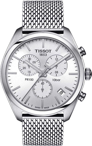 Tissot PR 100 Chronograph White Dial Silver Mesh Bracelet Watch For Men - T101.417.11.031.02 Authentic Buy Shop Now